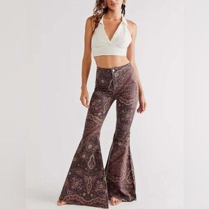 NWT Free People Just Float On Printed Flare Jeans Chocolate Combo We The Free